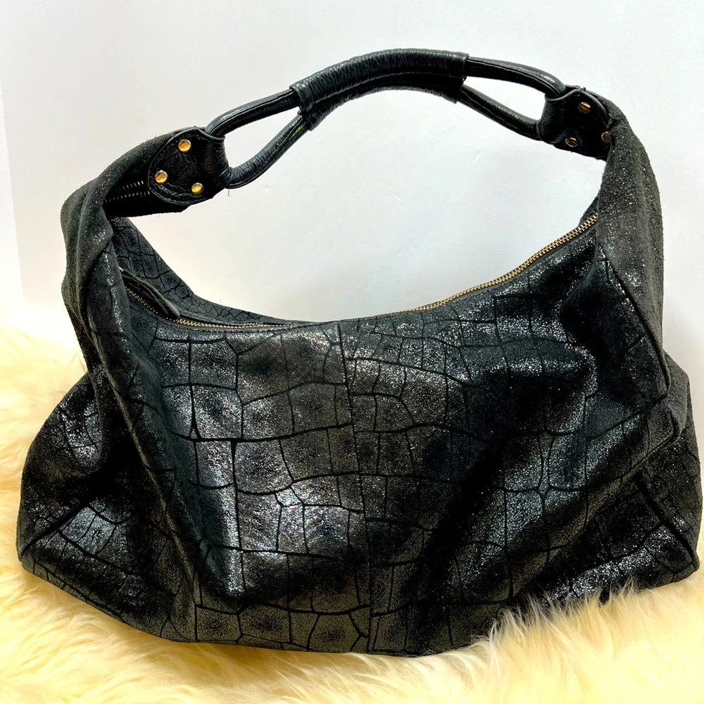 Lola Bernard Leather Oversized Hobo Bag Black Metallic Croc Embossed